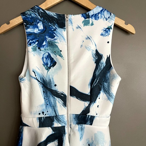 Lulu's Calligraphy Fonts Blue and Ivory Print Skater Dress Sz XS Abstract Floral - Picture 15 of 16